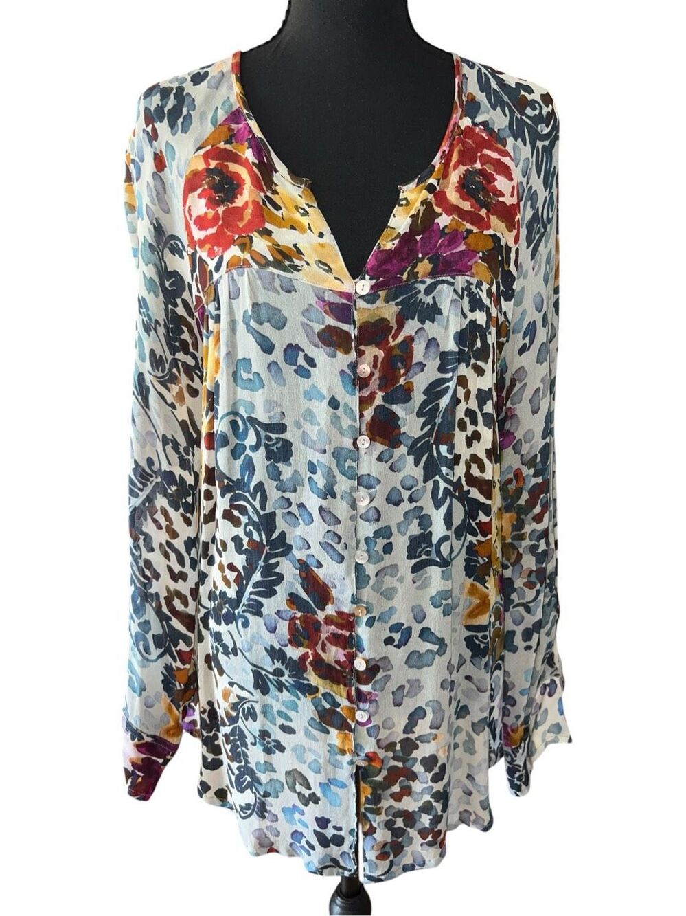 Soft Surroundings S bohemian button down patchwork lightweight sheer blouse